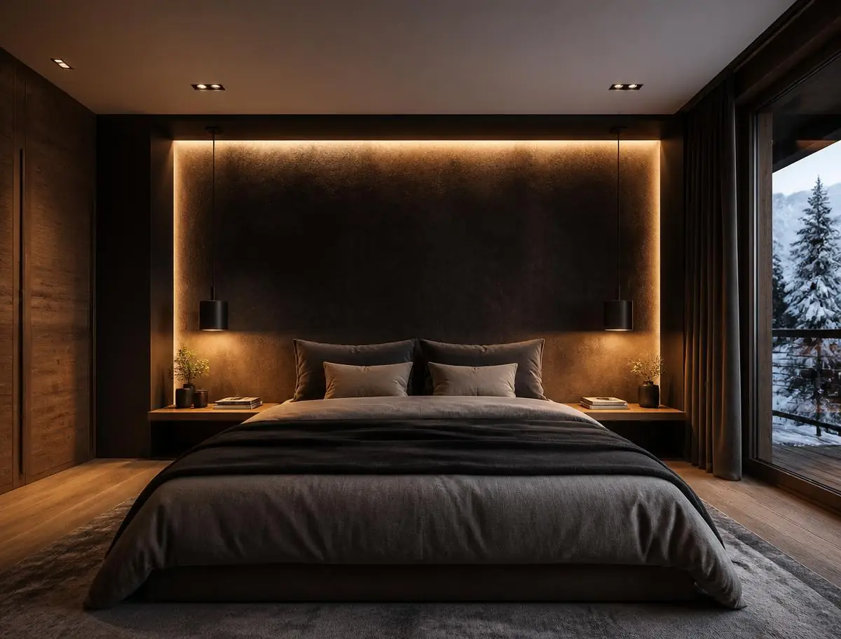 Après : chambre avec mur de tête de lit habillé et éclairage indirect